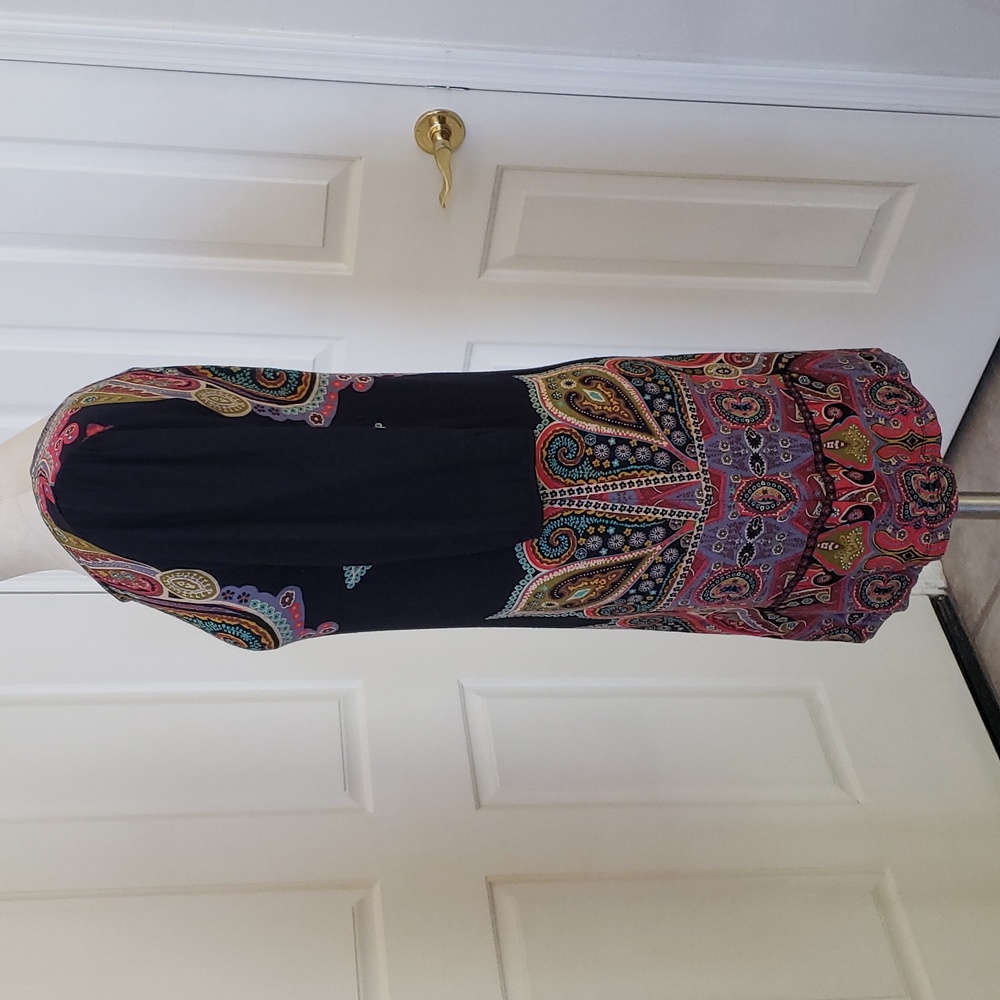 Vintage Black Boho Paisley Dress Tunic Jewel Tone Floral 3/4 Sleeve | SIZE SMALL - Picture 4 of 17